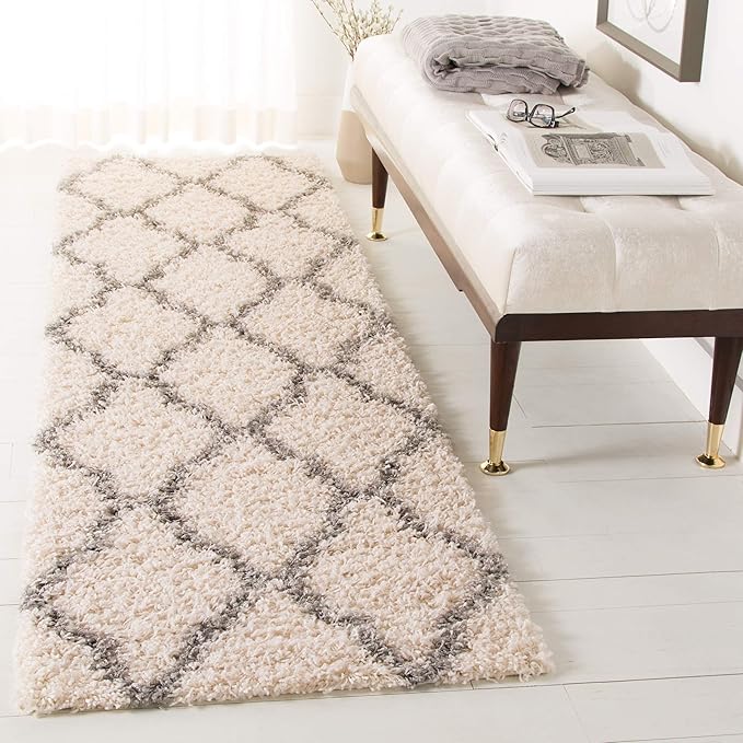 SAFAVIEH Dallas Shag Collection Runner Rug - 2'3" x 12', Ivory & Grey, Trellis Design, Non-Shedding & Easy Care, 1.5-inch Thick Ideal for High Traffic Areas in Living Room, Bedroom (SGDS257F)