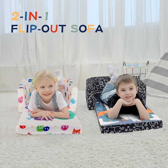 MallBest Kids Sofas Children's Sofa Bed Baby's Upholstered Couch Sleepover Chair Flipout Open Recliner (Black/Rocket)