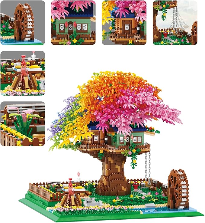 Rainbow Flowers Building Block with Light,Sakura Cherry Blossom Bonsai Tree House Construction Set,4451 PCS Mirco Blocks Architecture for Adults and Teens