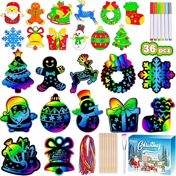 Garma 36Pcs Christmas Crafts Scratch Art for Kids, Rainbow Scratch Paper Christmas Ornaments Crafts Christmas Party Favors Toys Xmas Tree Ornaments Hanging Craft Art Kits