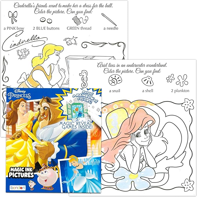 Disney Princess Magic Ink Coloring Book Set - Bundle of 3 Imagine Ink Books for Girls Kids Toddlers Featuring Disney Princess, Moana, and Minnie Mouse with Invisible Ink Pens and Stickers