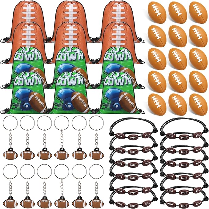 Poen 48 Pcs football Party Favors football Themed Supplies Include 12 football Drawstring Backpack 12 Mini football 12 football Keychain 12 football Wax Thread Braided Bracelet Inspirational Team Gift