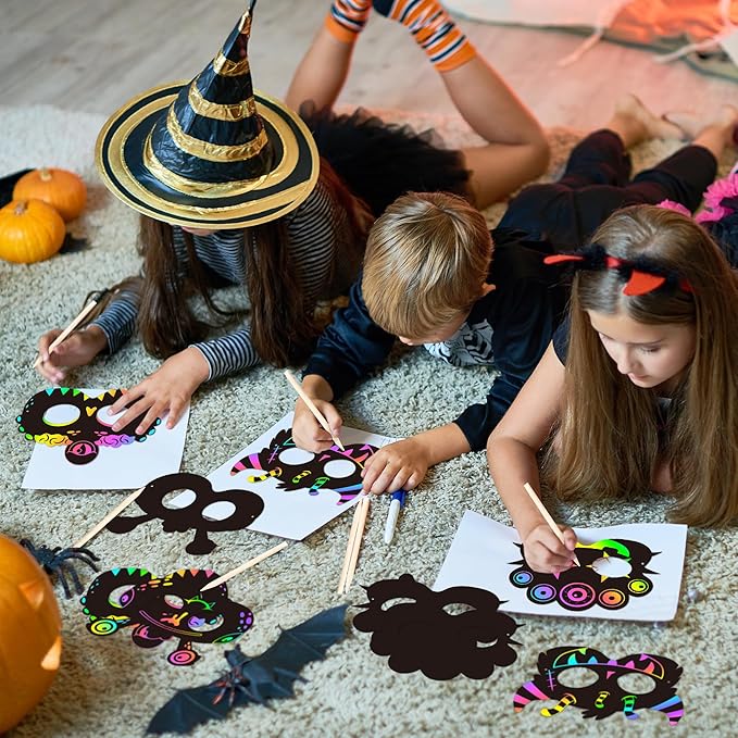 WATINC 28pcs Monster Scratch Mask Gift Set for Kids, Halloween Party DIY Magic Scratch Paper Monster Masks, Xmas Party Favors Craft Kit School Classroom Activity Art Project