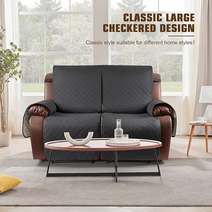 KinCam Waterproof Oversized Loveseat Recliner Cover, Non-Slip Reclining Couch Covers for 2 Seat, Recliner Sofa Cover Furniture Protector with Elastic Straps for Kids, Pets, Charcoal Gray