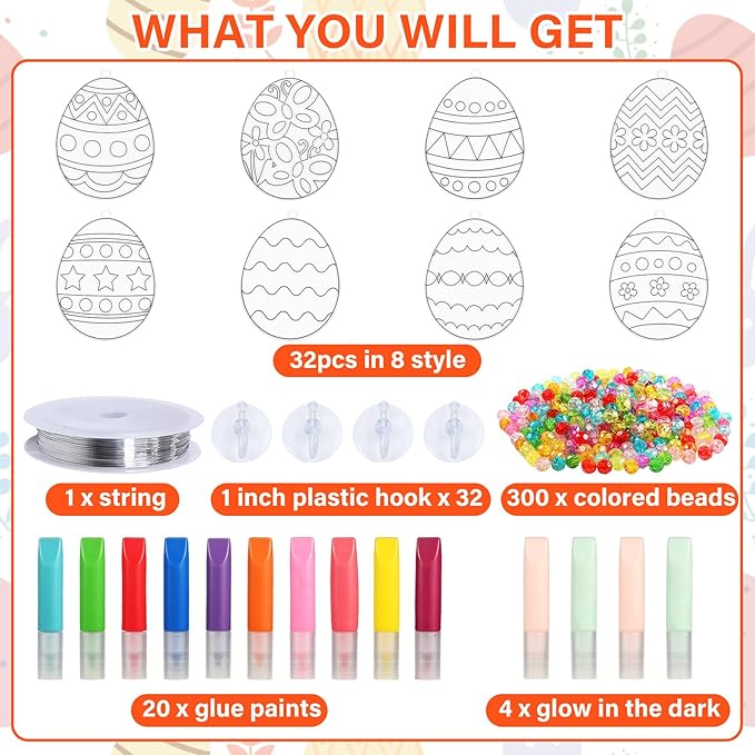 Qyeahkj 32 Sets Easter Suncatcher Crafts Kit for Kids DIY Egg Window Paint Suncatcher Arts Crafts Easter Window Ornament Decor for Easter Gift Classroom Art Project Gift Favor