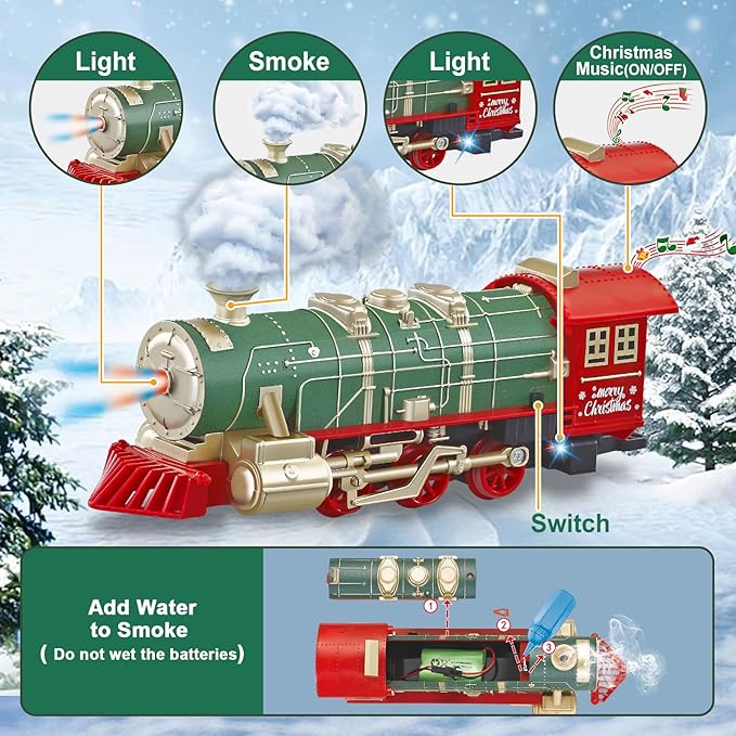 JUQU Train Set, Electric Train Set w/Smoke, Light and Xmas Sounds, Christmas Tree Train Toys w/Steam Locomotive Engine, Toddler Train Sets for Boys 4-8, for Kids Ages 3 4 5 6