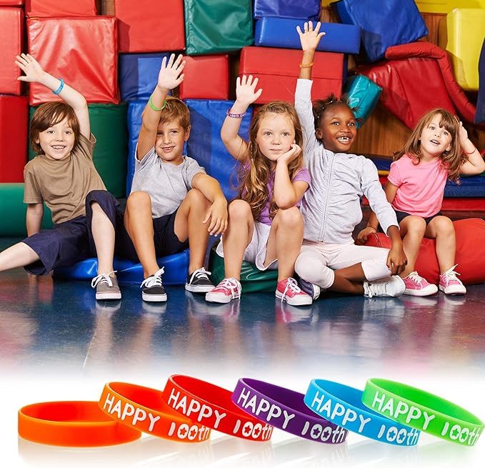 WILLBOND Happy 100th Day of School Silicone Bracelets Colorful Rubber Wristbands Gift for Kindergarten Teacher Student Rewards Classroom Party Supplies Decoration(50)
