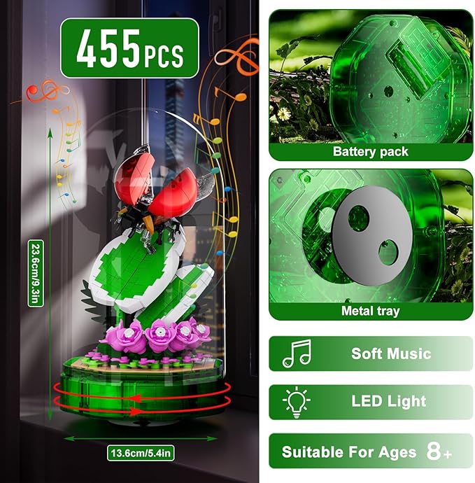 Mould King Insect Building Block Set, Creative Dragonfly Bug Kits Toys with Music Display Box, Collection Flower DIY Office Home Decor for Adutls Kids Girls 8+, 10105