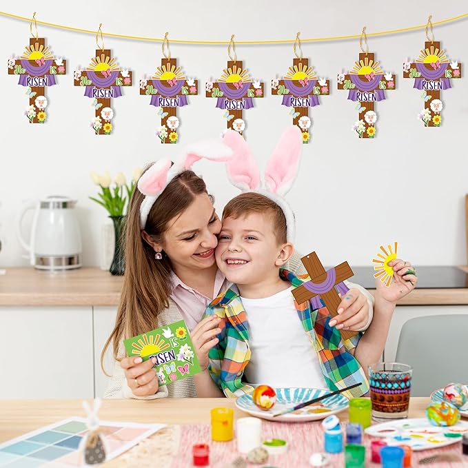Haooryx 28 Pack Easter He is Risen Cross Craft Kit, Make Your Own Jesus Resurrection Cross Hanging Ornaments Thankful Craft for Church Sunday School Classroom Christian Easter Day Party Supply
