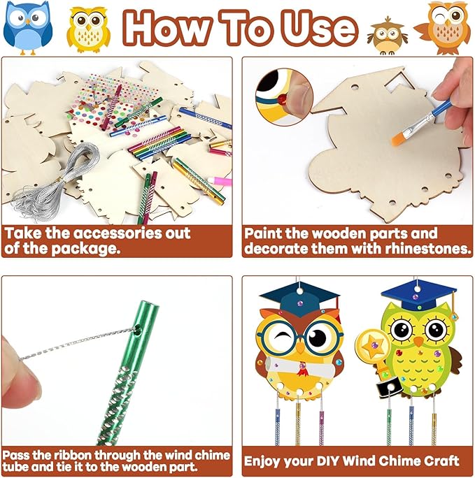 gisgfim 16 Pack Owl Wind Chime Kits Graduation Crafts for Kids Make Your Own Owl Wind Chime Wooden DIY Arts and Crafts for Graduation Party School Classroom Decorations Supplies Birthday Favors