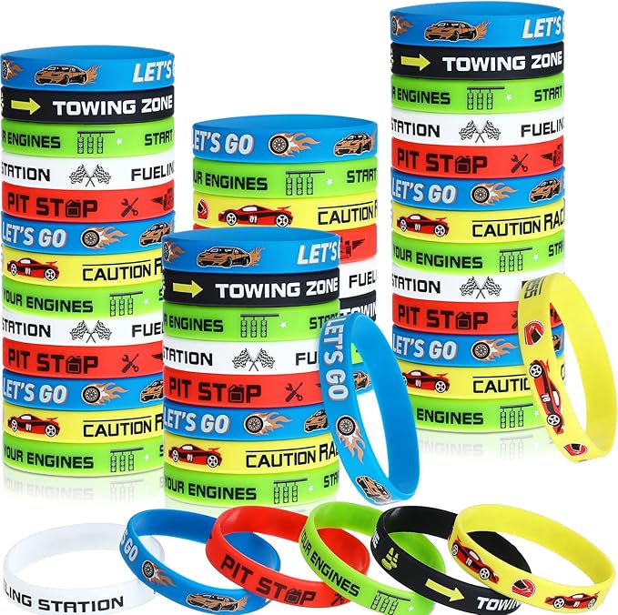 Race Cars Party Favors, Race Car Birthday Party Supplies Race Car Party Decorations Flag Rubber Bracelets Silicone Wristband for Fitness Racing Dirt Bike Task Birthday Party(48 Pack)