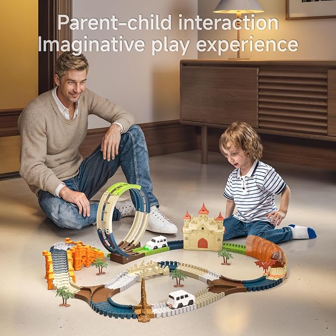 TUMAMA Race Track 202 Pcs Magic Castle Race Car Toys for Boys Girls 3 4 5 6 7 Year, 360° Rotating Flexible Train Track with Cars, Adventure Racetrack Educational Toy Set Kids Gift