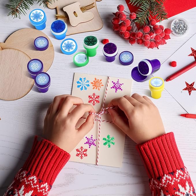 Skylety 60 Pieces Winter Snowflake Stamps for Kids Assorted Colored Frozen Stamps Plastic Snowflake Hand Stampers for Card Making Xmas Holiday Party Favors(Multi Colors)
