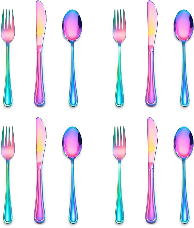 E-far 12-Piece Rainbow Kids Silverware, Stainless Steel Toddler Kids Utensils Safe for Preschooler/Children, Includes 4 Forks 4 Spoons 4 Knife, Slimline Look & Small Size, Rust Free