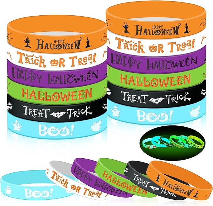Capoda 48 Pcs Halloween Luminous Silicone Wristbands, Pumpkin Patterns Rubber Bracelets Glow in the Dark, for Kid over 6 Years Halloween Trick or Treat Party Favors Goodie Bag Stuffers Supplies