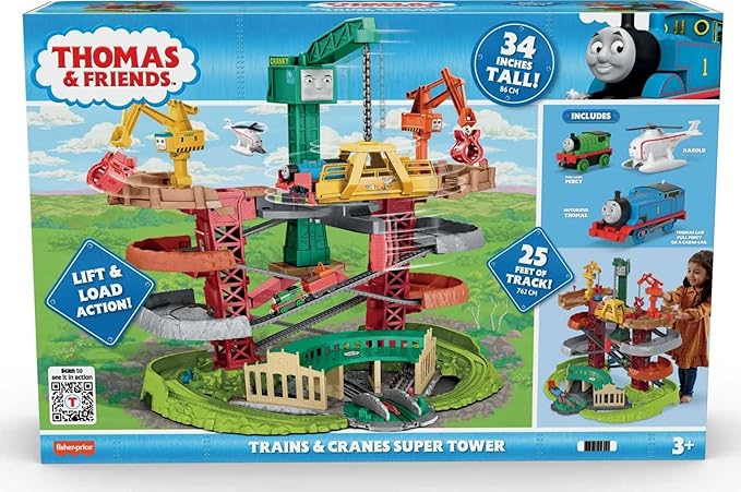 Thomas & Friends Multi-Level Toy Track Set, Trains & Cranes Super Tower, 2.5 Ft Tall with 3 Characters for Preschool Kids Ages 3+ Years