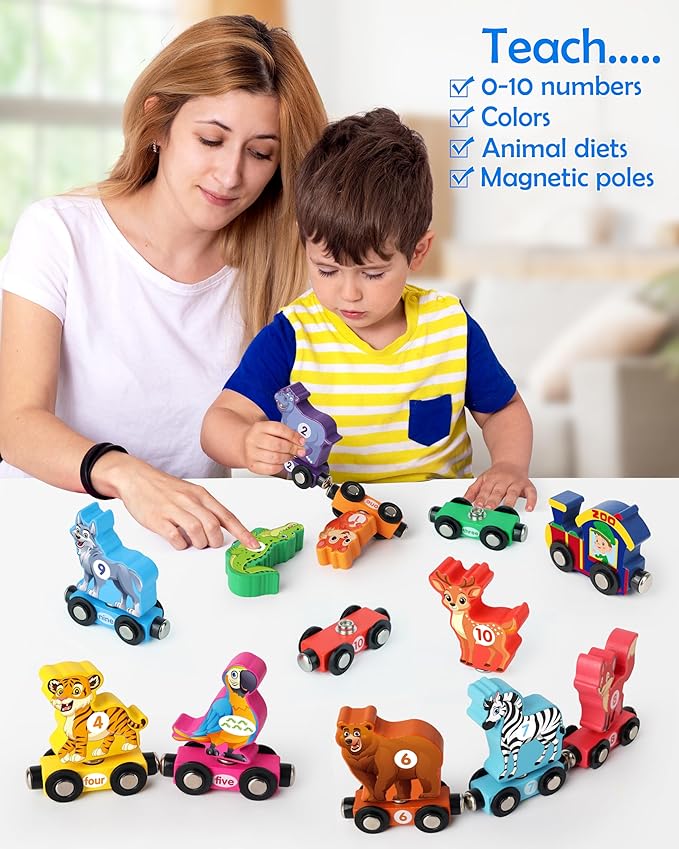 Vanmor Wooden Train Set for Toddlers, Magnetic Animal Number Train Toys for Ages3-5, Toddler Learning Toys, Fine Motor Skills Educational Toys, Preschool Activities, Toddler Boy Girl Gifts