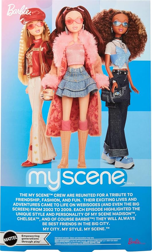 Barbie Signature My Scene Doll & Accessories, Chelsea in Y2K-Inspired Outfit with Butterfly Top, Cargo Jeans, Denim Bag & Display Stand