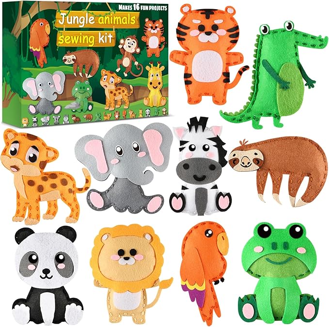 ZOIIWA 16 Sets Christmas Craft Jungle Animals Themed Sewing Kit for Kids Fun Craft for Boys Girls Felt Plush Craft Kit Sewing Kit Learn to Sew Kit Educational Beginners Sewing Stuffed Ornaments