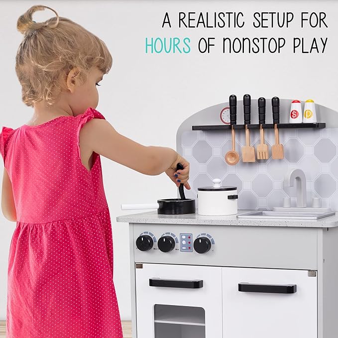 Lil' Jumbl Kids Pretend Kitchen Playset, Pretend Wooden Play Kitchen Toy, Realistic Setup, Includes Pot & Pan, 4 Utensils, Salt & Pepper Shaker, Gray