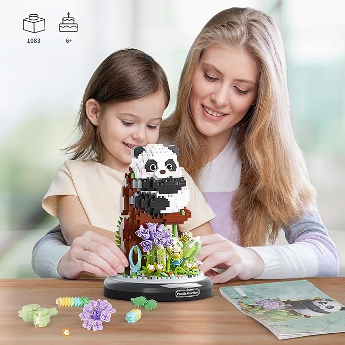 Panda Flower Bouquet Building Set for Adults, Animals Flowers Plants Decor with Dust Cover, Birthday Gift Building Toy for Boys Girls, 1083 PCS Mini Building Blocks, Not Compatible with Lego
