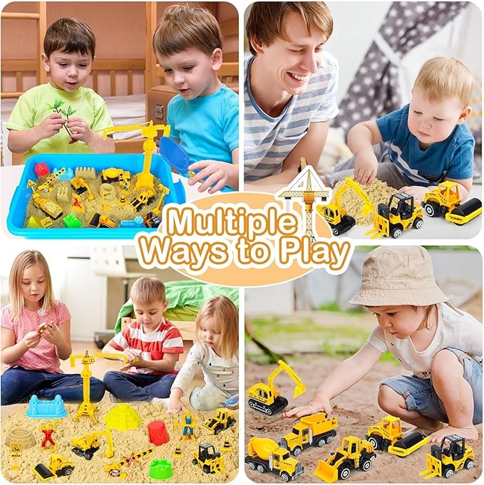 Construction Sensory Bin, Kids Play Sand Art Kit Sandbox with 2.2lbs Magic Sand, Molds, Shovel, 6Pcs Diecast Construction Trucks Toys, Crane, Sensory Sandbox with Cover for Boys Toddlers Age 3-8
