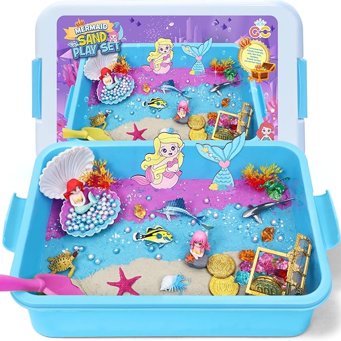 G.C Mermaid Sensory Bin for Girl Kid Toy, 103pcs Play Sand Art Kit with Sandbox/2lb Color Sand/6 Molds/Treasure Box/Shell, Ocean Sensory Toy Christmas Birthday Gift for Girl Toddler Ages 3 4 5 6 7 8