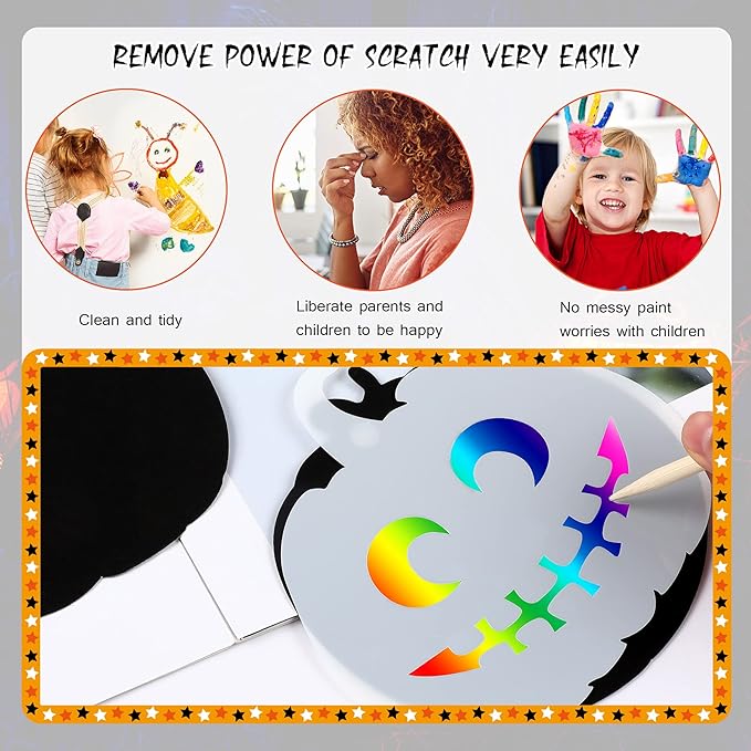 JULMELON 48 Pieces Halloween Scratch Paper Crafts Kit Bulk of Halloween Pumpkins Magic Rainbow Scratch Art for Kids DIY Party Ornaments Halloween Decor with 6 Pcs Halloween Pumpkins Stencils