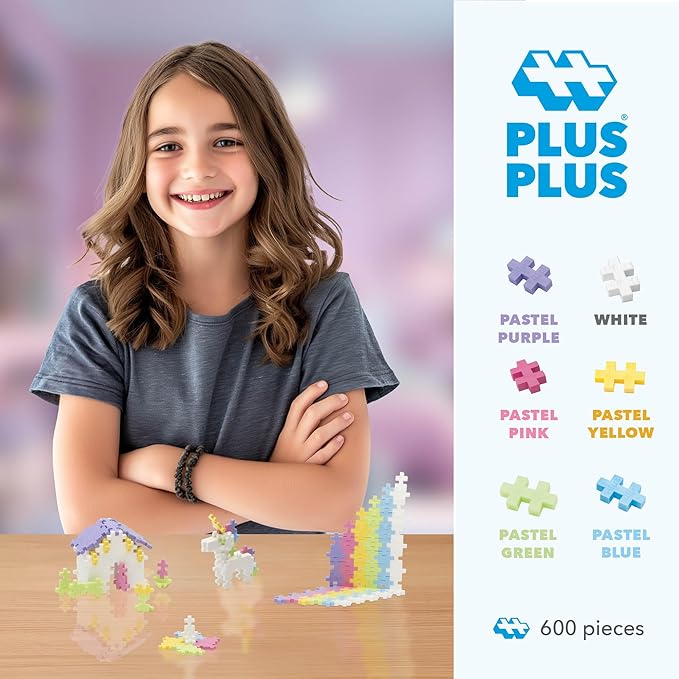PLUS PLUS 600 Piece Interlocking Building Blocks for Kids, Open Ended Connecting Toys, STEM Bin Classroom Mini Manipulatives - Pastel Mix Play Tube