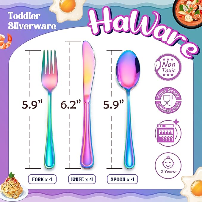 HaWare 12-Piece Kids Silverware, Stainless Steel Toddler Utensils Flatware Set, Preschooler Eating Utensils Includes 4 Spoons 4 Forks 4 Knives, Metal Children Cutlery for Home School, Mirror Finished