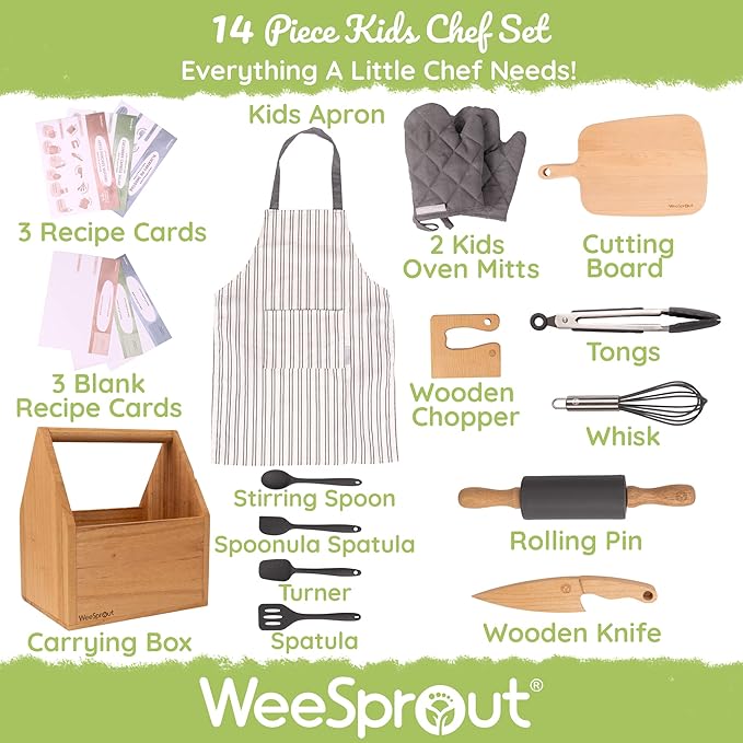 WeeSprout Little Chef Kids Cooking & Baking Set, 14 Piece Cooking Set with Real Kitchen Tools & Kids Apron, Baking Gift for Girls, Boys & Junior Chefs, Food Grade Materials, Choice of Colors