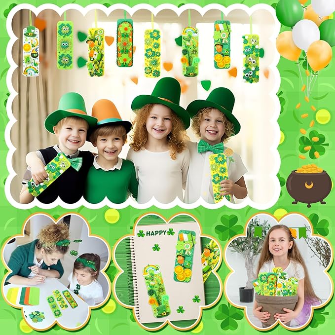 JULBEAR 36 Sets St. Patrick's Day Crafts Kits, Shamrock Bookmark Craft Kits DIY Blank Foam Bookmarks Decorations Leaf Foam Stickers Arts for Kids Classroom Activity St Patrick's Day Party Favors