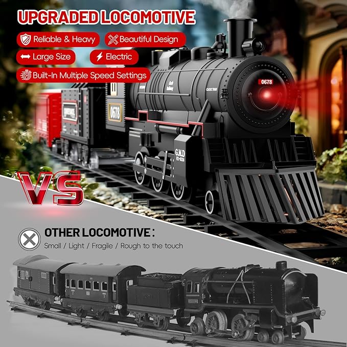 Train Set, Electric Train Set Toys with Smoke, Lights & Sound, Train Set for Under Christmas Tree with Steam Locomotives, Cars and Tracks, Christmas Train Toys for 3 4 5 6 7+ Years Old Kids