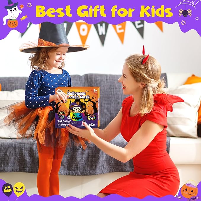 ZMLM Halloween Scratch Mask for Kid: 24 Pcs Rainbow Scratch Paper Mask Craft Kit Halloween Themed DIY Art Craft Mask for Girl Boy Age 3 4 5 6 7 8 9 Year Old Bat Pumpkin Gift Party Favor Set