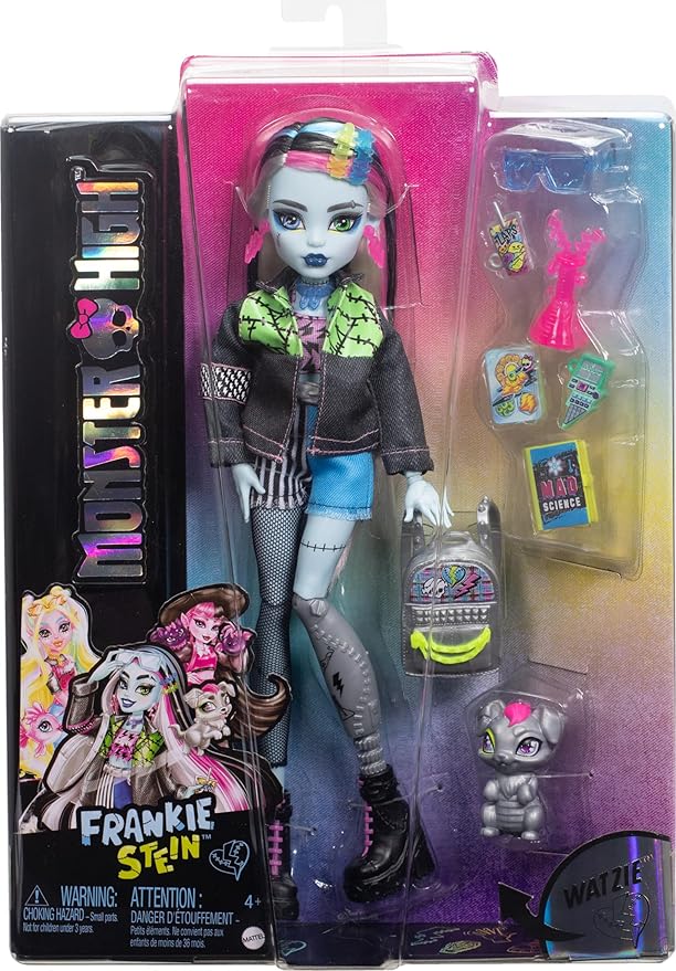 Monster High Frankie Stein Doll in Denim Jacket & Shorts, Includes Pet Dog Watzie & Accessories Like a Backpack, Snack & Notebook