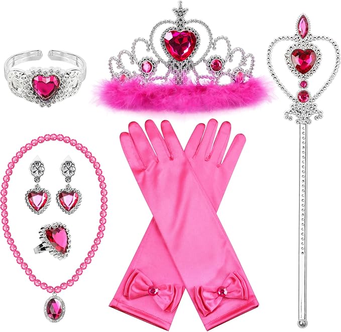 Princess Dress Up Accessories Princess Gloves, 7pcs Dress Up Set for Toddler Girls (Rose, 7PCS)