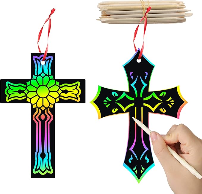 WATINC 60Pcs Scratch Cross Ornaments, Magic Art Color Craft Kit for Kids Scratch Party Favors, Scratch Paper Hanging Tags, Birthday Gifts for Kids, DIY Art Craft Kit for Boys Girls