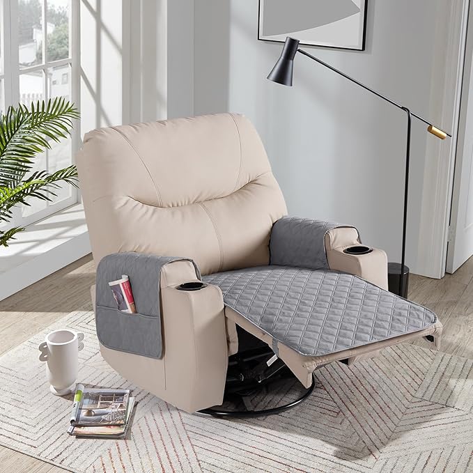 Ruaozz Waterproof Recliner Chair Covers Non Slip Chair Covers Washable Recliner Covers for Reclining Chair with Pockets Covers for Recliner Chair for Pets, Kids (Light Grey, Medium-25'')