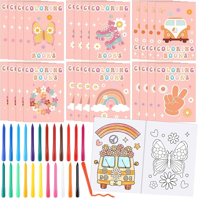 48Pcs Bulk Groovy Coloring Books with Crayons Boho Rainbow Coloring Books for Kids Hippie Bus Retro Flowers Pattern DIY Hand Drawing for Boys Girls Groovy Birthday Party Favors