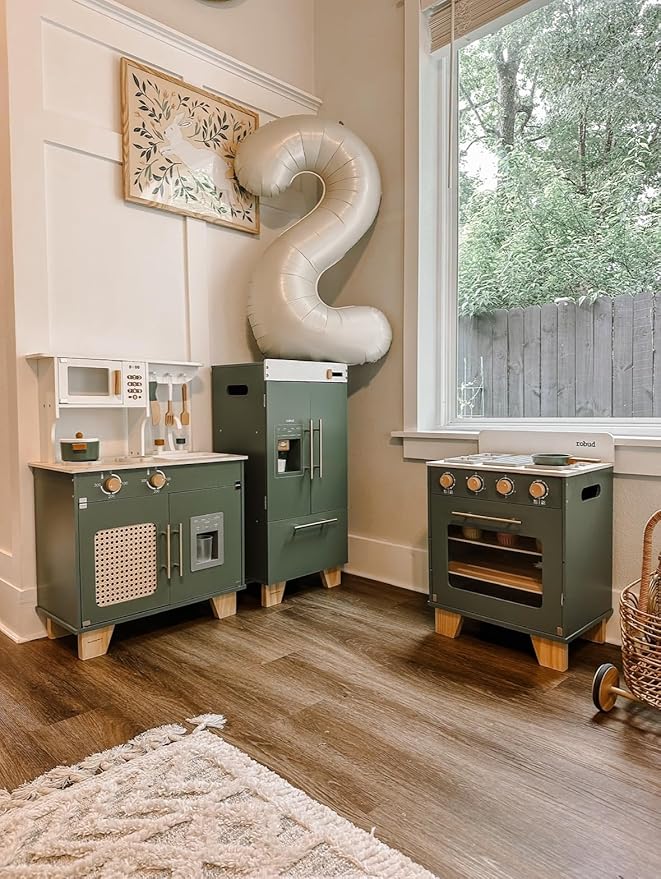ROBUD Kids Play Kitchen - Vintage Green Refrigerator for Kids Kitchen Playset with Accessories - Pretend Toddlers' Kitchen Toy Fridge - Perfect Baby Gift for Ages 3-8