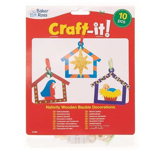 Baker Ross AX559 Nativity Wooden Bauble Decorations - Pack of 10, Christmas Tree Ornaments for Creative Art and Craft Activities to Paint and Decorate