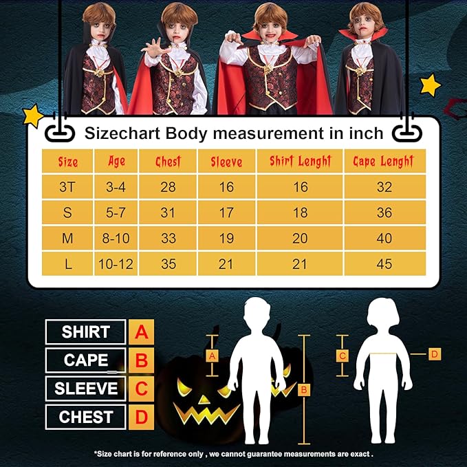 Vampire Costume for Boys Scary Halloween Party, Vampire Teeth Vampire Cane and Cosmetic Kit Included