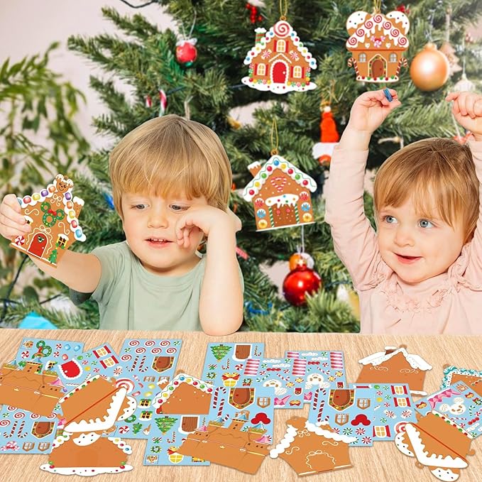 GuassLee Christmas Ornaments Art and Crafts for Kids - 28pcs DIY Christmas Gingerbread House Cutouts with Christmas Lollipop Candy Cane Stickers for Xmas Tree Home Party Favors Classroom Art Activity