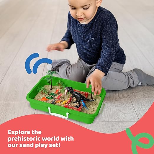 Dinosaur Play Sand Kit - Sensory Bin Sandbox, 2 Bags of Safe Sand and 34 Pieces - Feels Like Wet Sand Without The Mess - Comes with Bin, Lid, Dinosaur Figures, Dino Molds, Trees, Fences