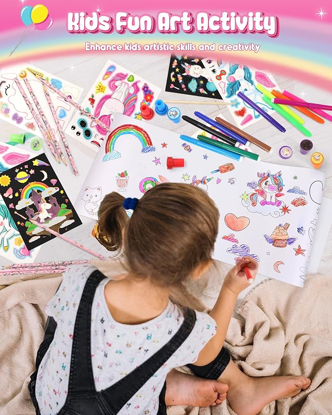 D-FantiX Unicorn Art Supplies Clear Backpack for Toddler, 51Pcs DIY Coloring Craft Kits with Scratch Art Paper and Stickers, Road Trip Activities for Kids, Creative Birthday Gift for Girls
