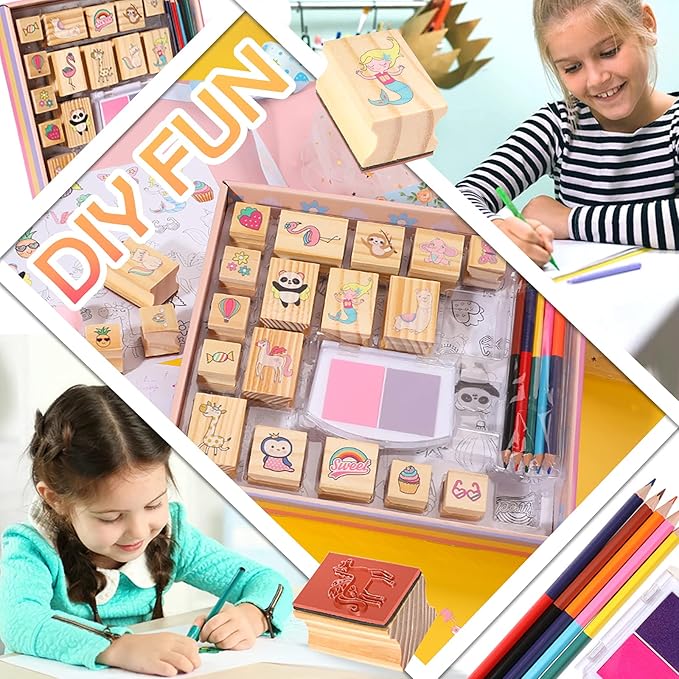 Unicorn Wooden Stamp and Sticker Set for Girls, Unicorn, Mermaid, Panda, Alpaca, Sloth, Cats, Rainbow, Butterfly Stamps, Activity Craft Set for Girls Boys Kids Gift Ages 4 5 6 7 8 9 10 Years Old