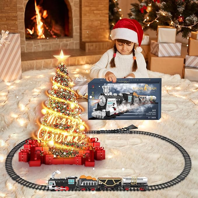 Electric Train Set Christmas Train Toys w/Smokes,Lights& Sound (ON/Off) Kids Rechargeable Train Set w/Steam Locomotive, Cargo Cars & Tracks Christmas Birthday Gift for Boys Girls 3 4 5 6 7