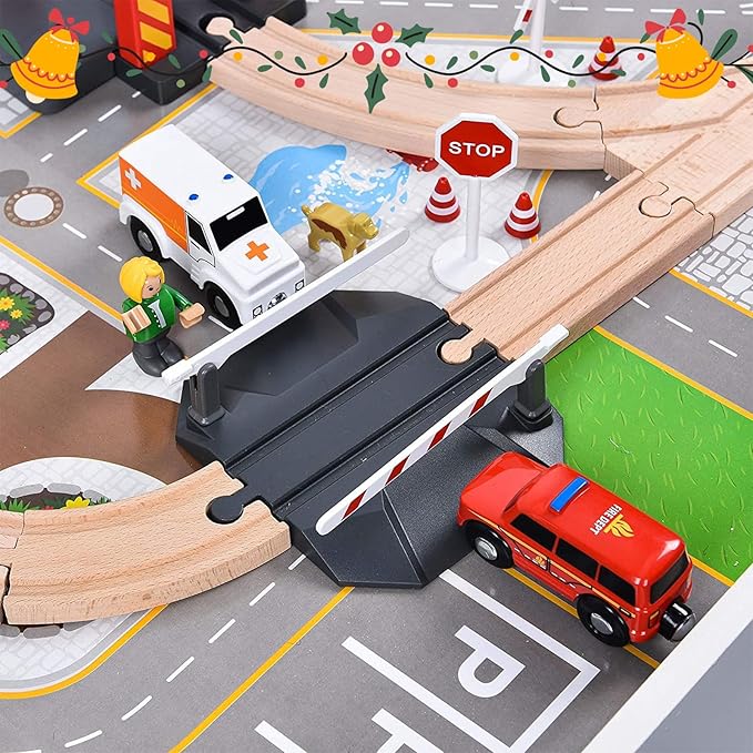 Giant bean 72PCS Fire Station Wooden Train Tracks & Train Set, Gift Packed Toy Railway Kits for Kids, Toddler Boys and Girls 3,4,5 Years Old and Up, Christmas Birthday Gift Toy for Kids