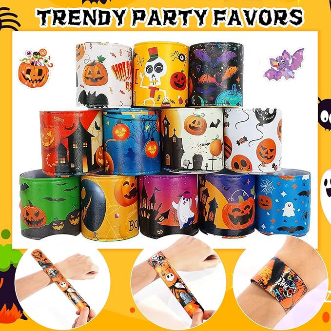 Mprocen Halloween Slap Bracelets 199PCS Assorted Slap Bands Wristbands Balloons Stickers Party Favors Gift Filler Supply