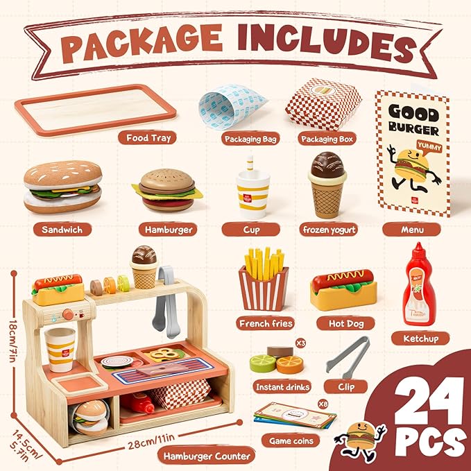 Lehoo Castle Wooden Play Food Sets, Toy Food for Kids Ages 4-8, Play Food Sets for Kids Kitchen, Play Hamburger Counter Shop, Fake Food Pretend Play for Toddlers 3-5